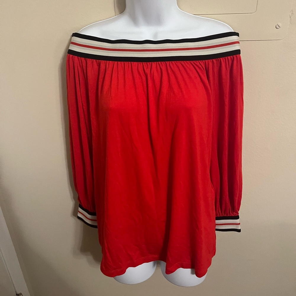 Diane Gilman Never Been Worn-Red Off-Shoulder Top with Striped Trim